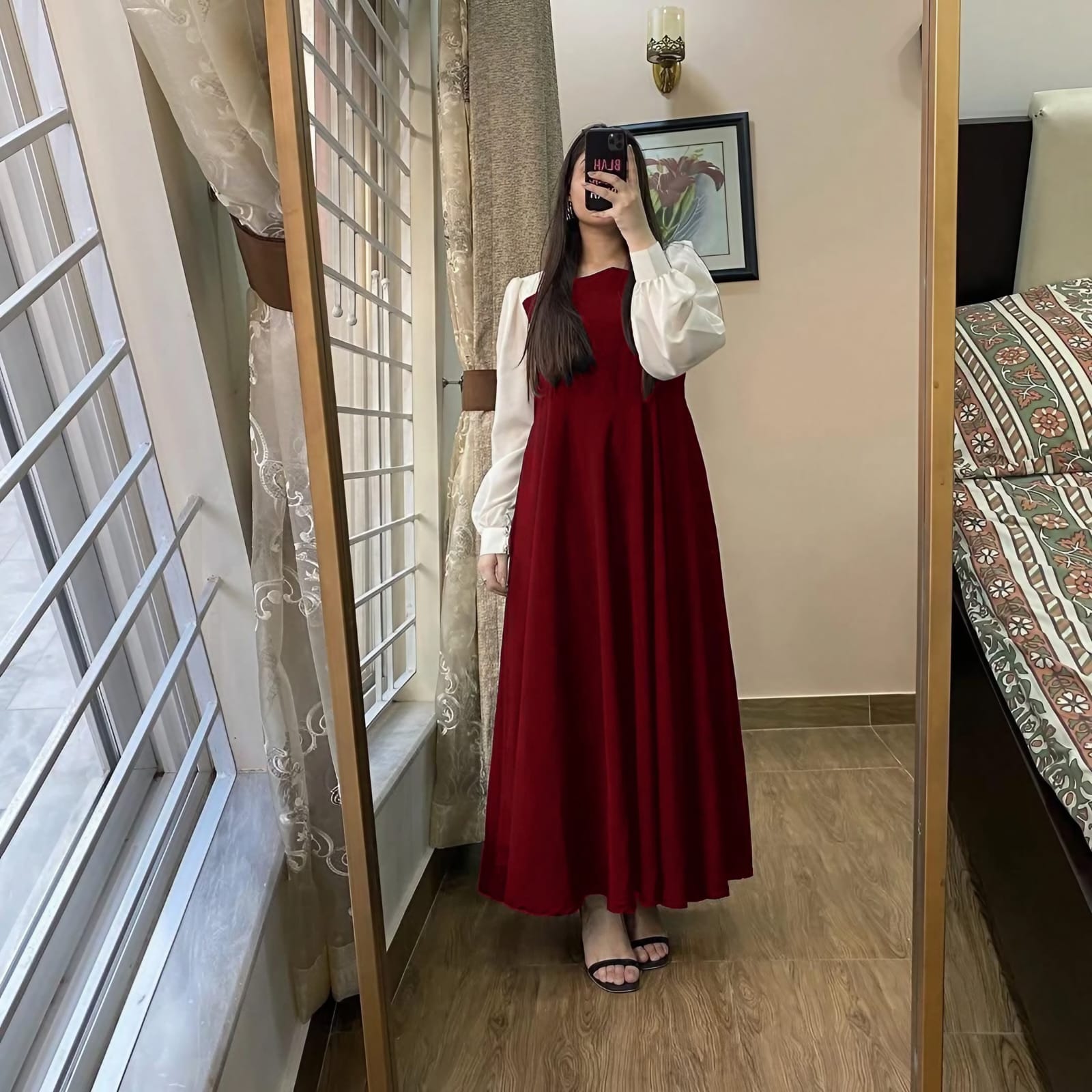 Front And Back Platted Design With White Sleeves Maxi